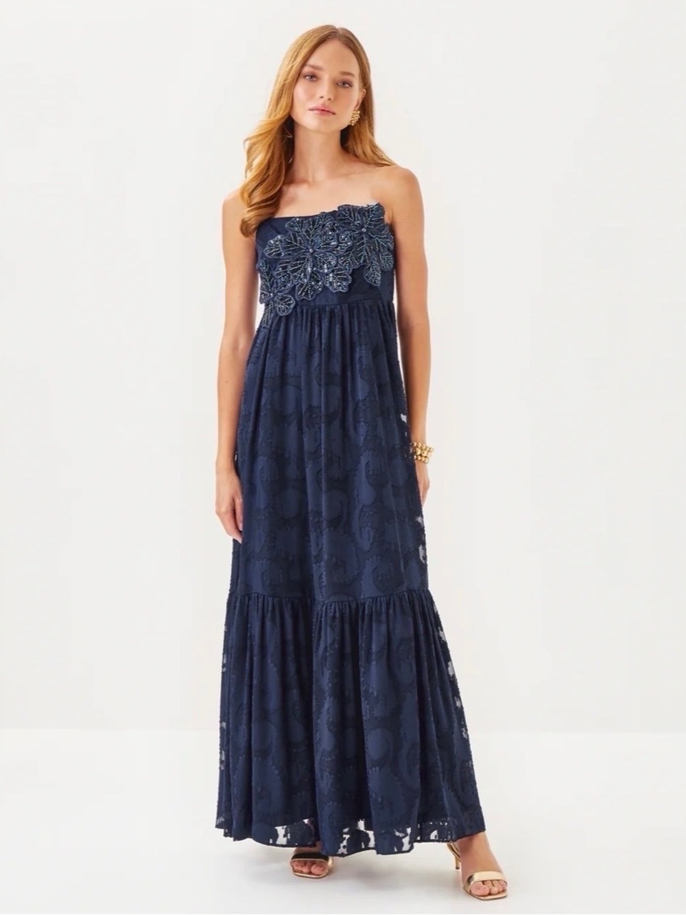 Lilly Pulitzer Mollylynn Clip Maxi Dress Navy Applique Beaded NWOT - Picture 2 of 9
